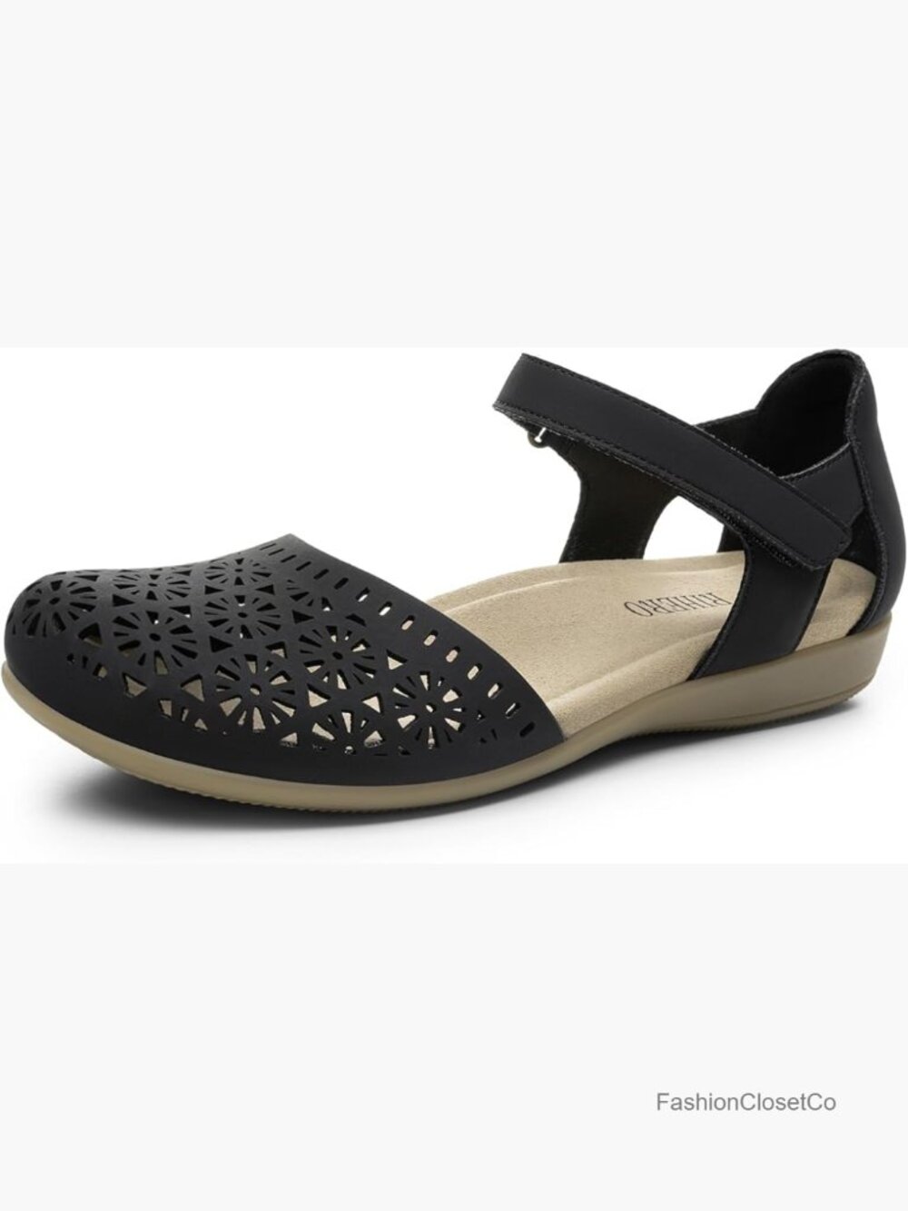 PU Leather Closed Toe Sandals Women Arch Support Flat Sandals Adjustable Strap